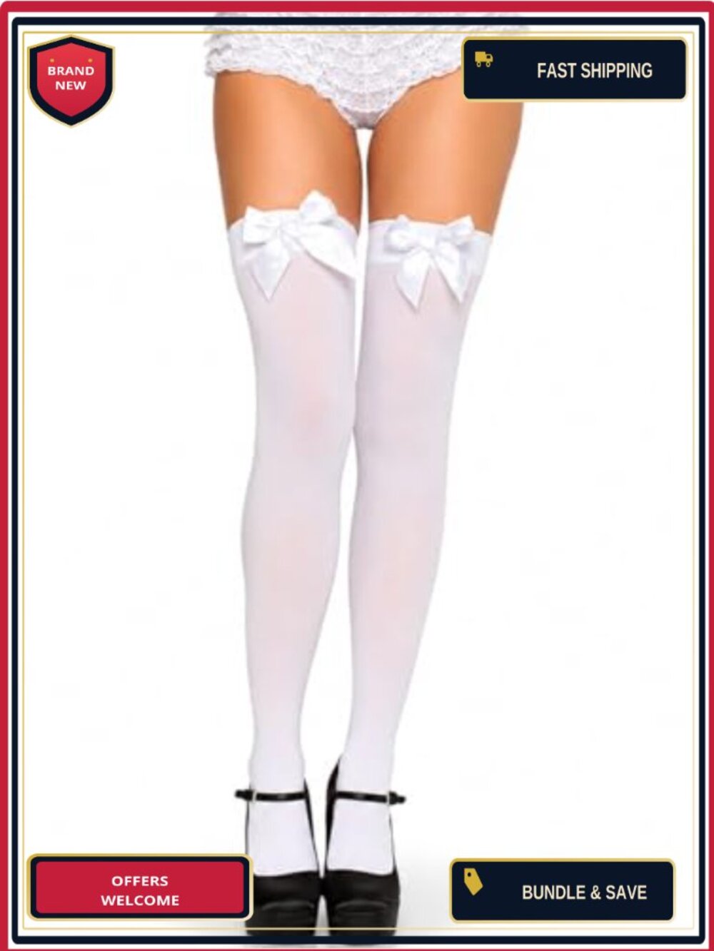 Satin Bow Accent Thigh High Opaque Sheer Nylon Stockings